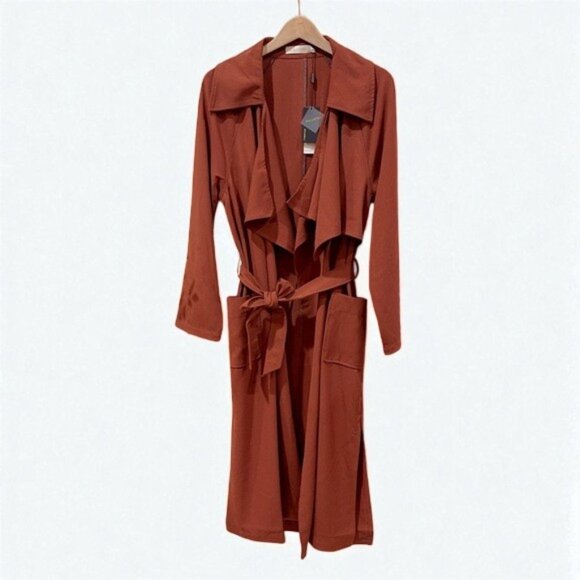 NWT J.ING Jing Brick Red Lightweight Wrap Coat with Tie - Picture 2 of 7